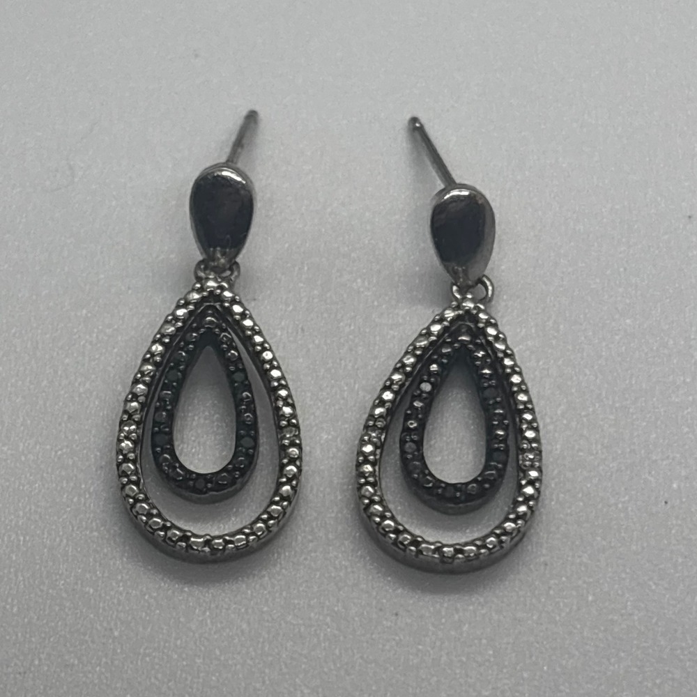 Sterling Silver 925 Double Teardrop‎ Black White Stone Pavé Drop Earrings Women